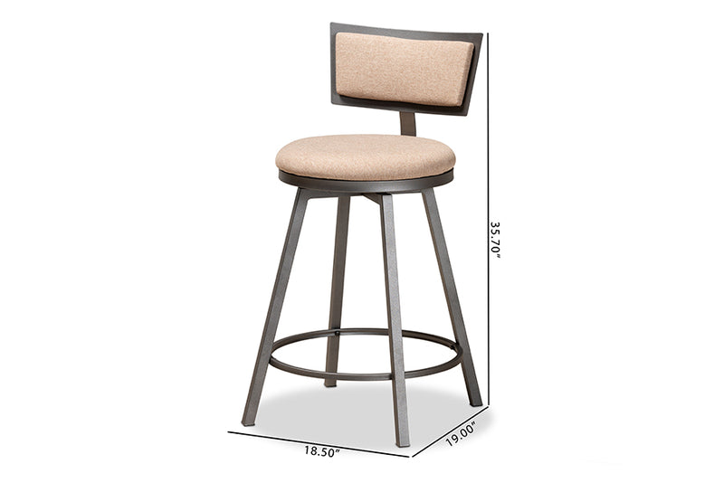 Baxton Studio Danson Modern Industrial Light Brown Fabric Upholstered and Antique Grey Finished Metal 2-Piece Swivel Pub Chair Set