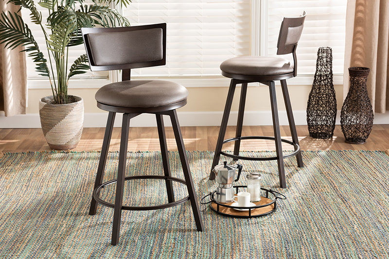 Baxton Studio Danson Modern Industrial Grey Fabric Upholstered and Antique Dark Brown Finished Metal 2-Piece Pub Chair Set