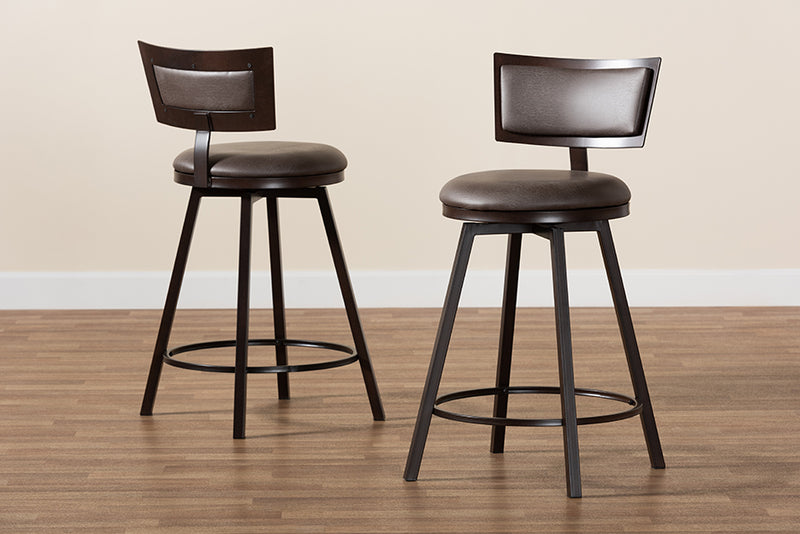 Baxton Studio Danson Modern Industrial Grey Fabric Upholstered and Antique Dark Brown Finished Metal 2-Piece Pub Chair Set