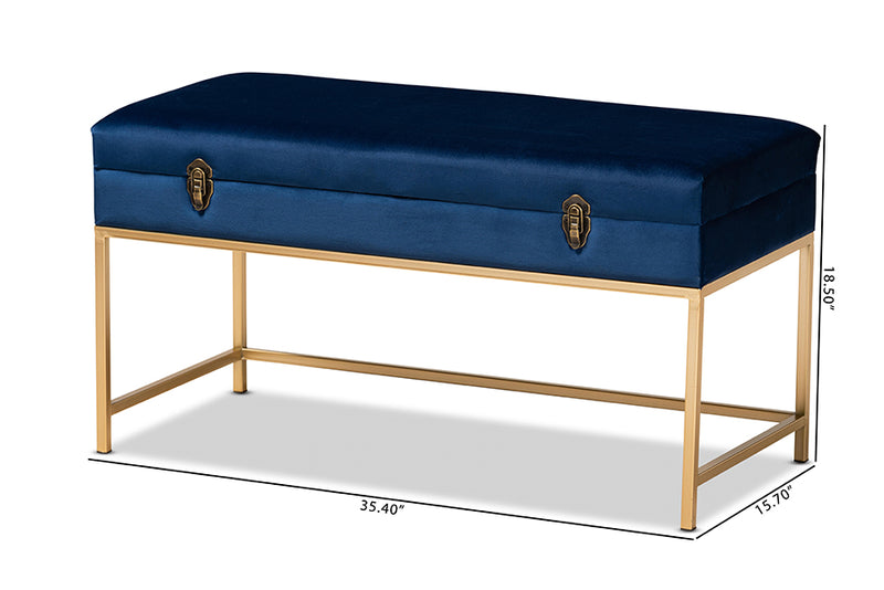 Baxton Studio Aliana Glam and Luxe Navy Blue Velvet Fabric Upholstered and Gold Finished Metal Large Storage Ottoman