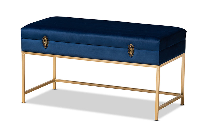 Baxton Studio Aliana Glam and Luxe Navy Blue Velvet Fabric Upholstered and Gold Finished Metal Large Storage Ottoman