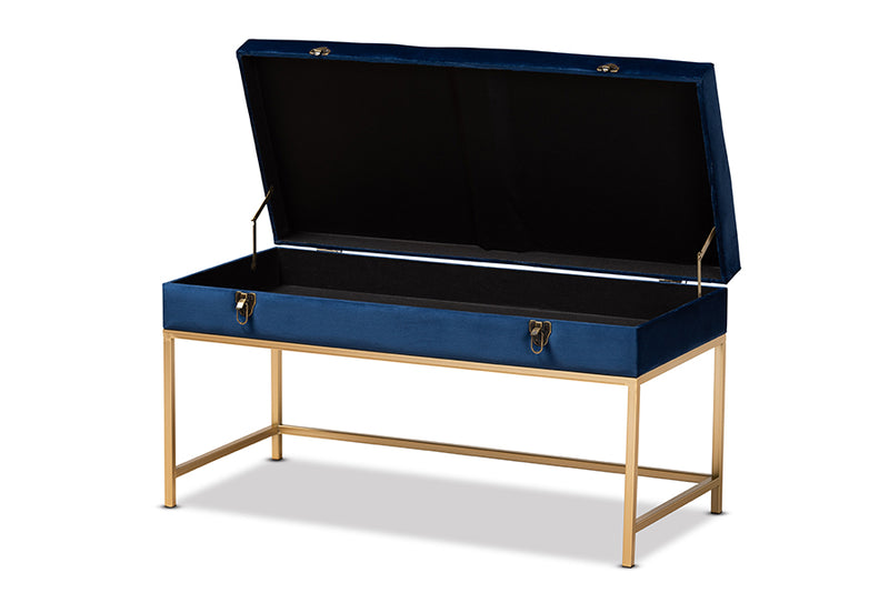Baxton Studio Aliana Glam and Luxe Navy Blue Velvet Fabric Upholstered and Gold Finished Metal Large Storage Ottoman
