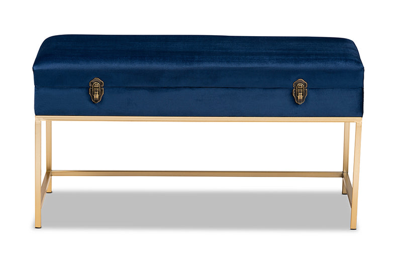 Baxton Studio Aliana Glam and Luxe Navy Blue Velvet Fabric Upholstered and Gold Finished Metal Large Storage Ottoman