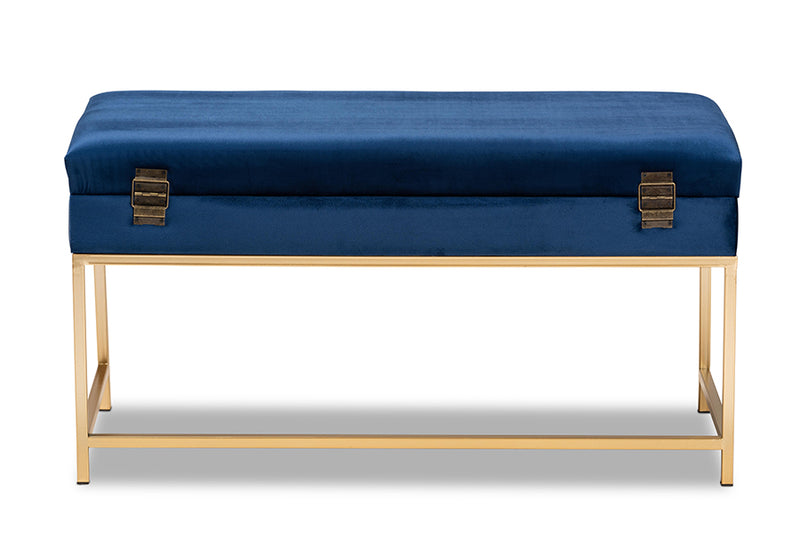 Baxton Studio Aliana Glam and Luxe Navy Blue Velvet Fabric Upholstered and Gold Finished Metal Large Storage Ottoman
