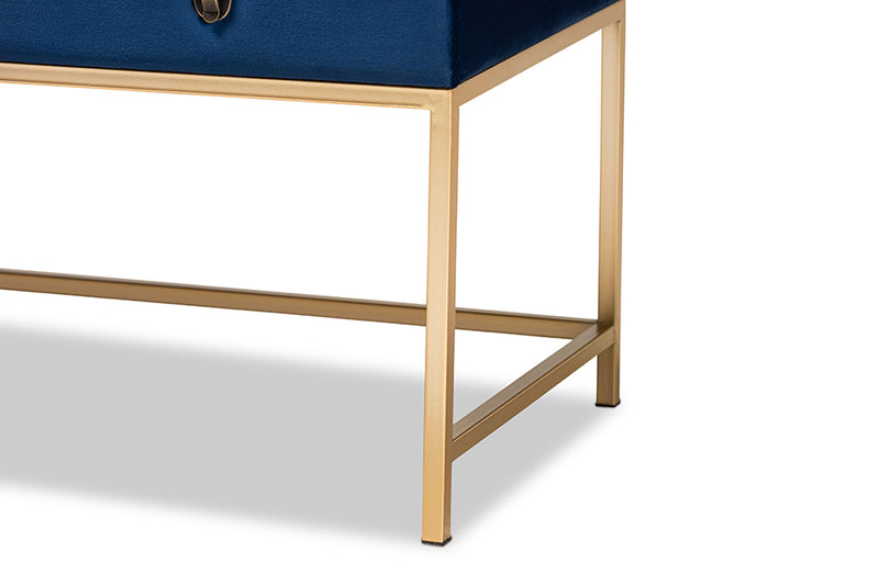 Baxton Studio Aliana Glam and Luxe Navy Blue Velvet Fabric Upholstered and Gold Finished Metal Large Storage Ottoman