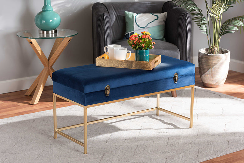 Baxton Studio Aliana Glam and Luxe Navy Blue Velvet Fabric Upholstered and Gold Finished Metal Large Storage Ottoman