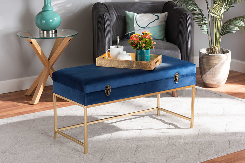 Baxton Studio Aliana Glam and Luxe Navy Blue Velvet Fabric Upholstered and Gold Finished Metal Large Storage Ottoman