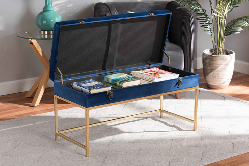 Baxton Studio Aliana Glam and Luxe Navy Blue Velvet Fabric Upholstered and Gold Finished Metal Large Storage Ottoman