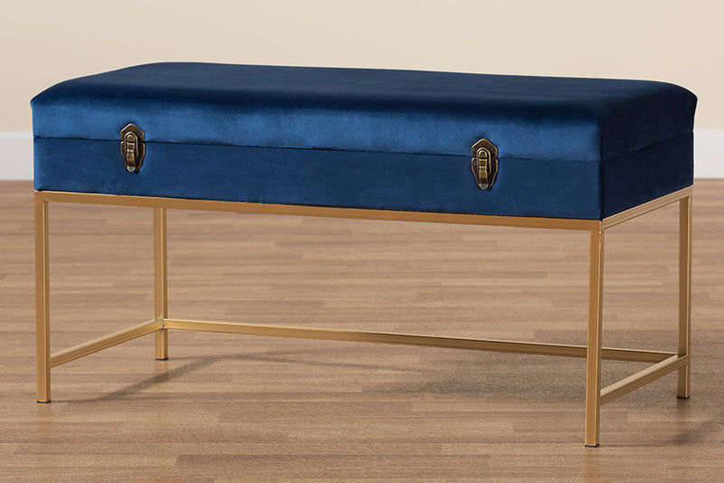Baxton Studio Aliana Glam and Luxe Navy Blue Velvet Fabric Upholstered and Gold Finished Metal Large Storage Ottoman