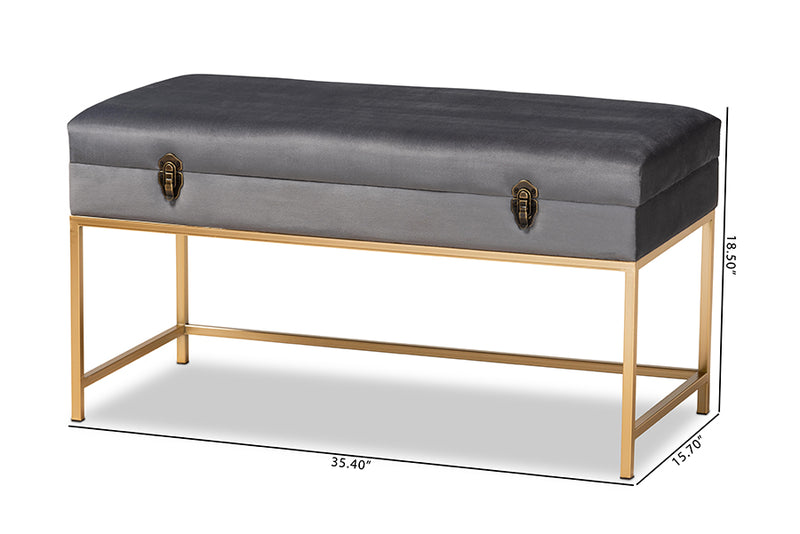 Baxton Studio Aliana Glam and Luxe Grey Velvet Fabric Upholstered and Gold Finished Metal Large Storage Ottoman