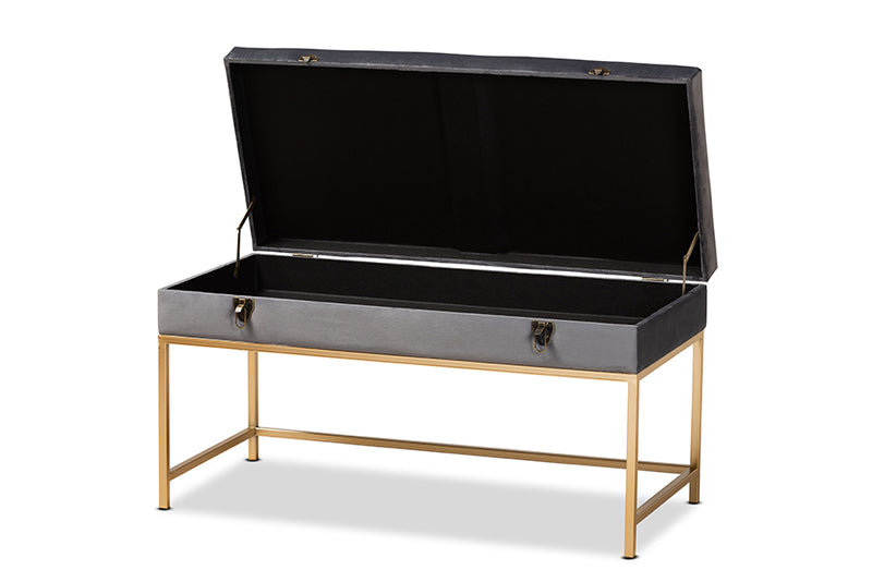 Baxton Studio Aliana Glam and Luxe Grey Velvet Fabric Upholstered and Gold Finished Metal Large Storage Ottoman