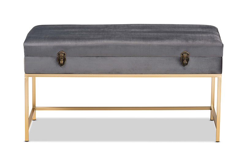 Baxton Studio Aliana Glam and Luxe Grey Velvet Fabric Upholstered and Gold Finished Metal Large Storage Ottoman
