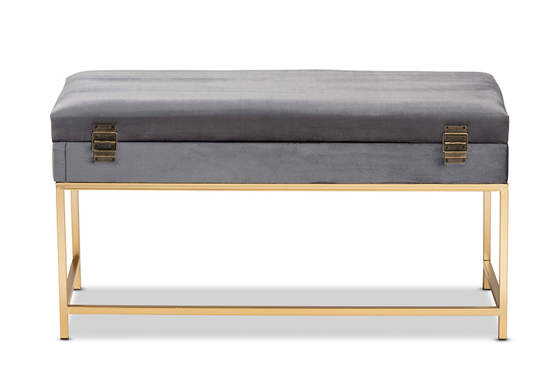 Baxton Studio Aliana Glam and Luxe Grey Velvet Fabric Upholstered and Gold Finished Metal Large Storage Ottoman
