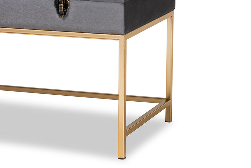 Baxton Studio Aliana Glam and Luxe Grey Velvet Fabric Upholstered and Gold Finished Metal Large Storage Ottoman