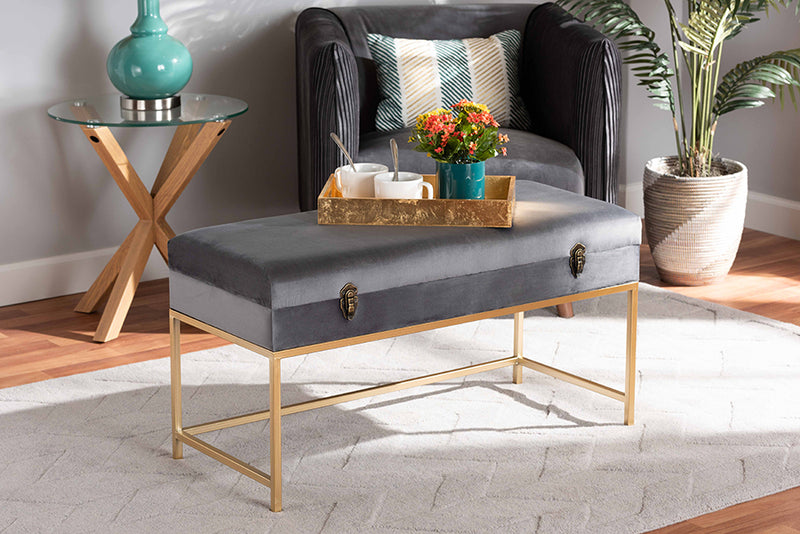 Baxton Studio Aliana Glam and Luxe Grey Velvet Fabric Upholstered and Gold Finished Metal Large Storage Ottoman