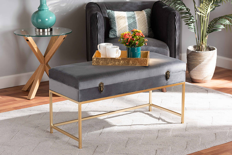 Baxton Studio Aliana Glam and Luxe Grey Velvet Fabric Upholstered and Gold Finished Metal Large Storage Ottoman
