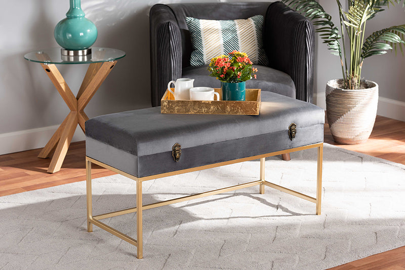 Baxton Studio Aliana Glam and Luxe Grey Velvet Fabric Upholstered and Gold Finished Metal Large Storage Ottoman