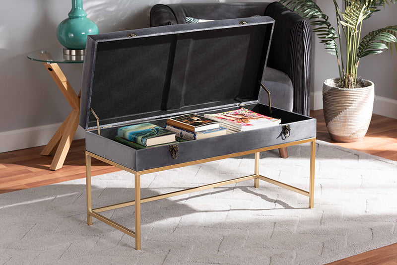 Baxton Studio Aliana Glam and Luxe Grey Velvet Fabric Upholstered and Gold Finished Metal Large Storage Ottoman