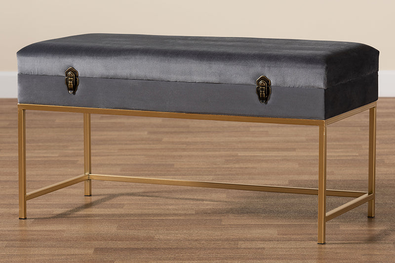 Baxton Studio Aliana Glam and Luxe Grey Velvet Fabric Upholstered and Gold Finished Metal Large Storage Ottoman