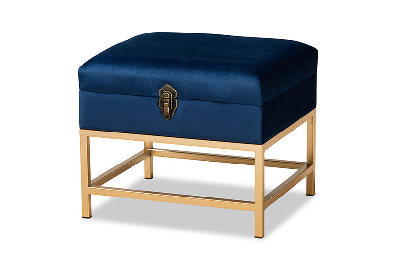 Baxton Studio Aliana Glam and Luxe Navy Blue Velvet Fabric Upholstered and Gold Finished Metal Small Storage Ottoman