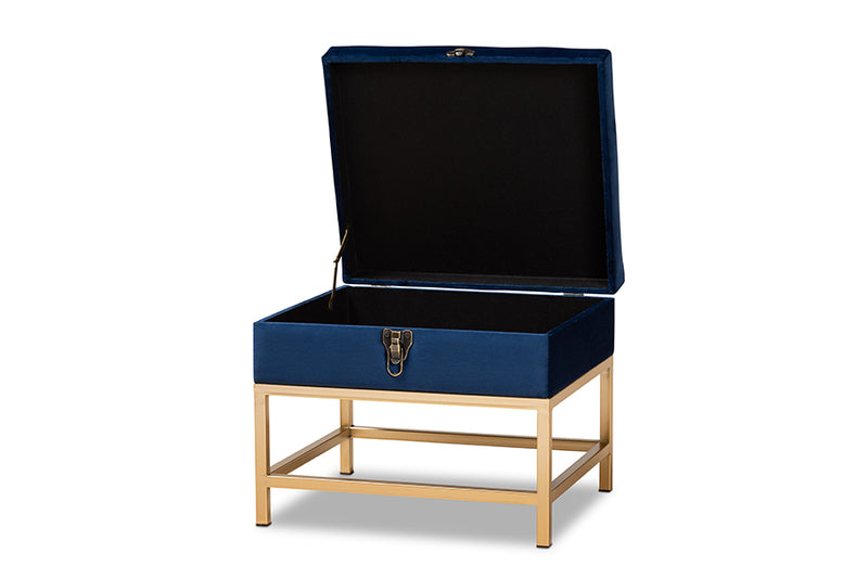 Baxton Studio Aliana Glam and Luxe Navy Blue Velvet Fabric Upholstered and Gold Finished Metal Small Storage Ottoman