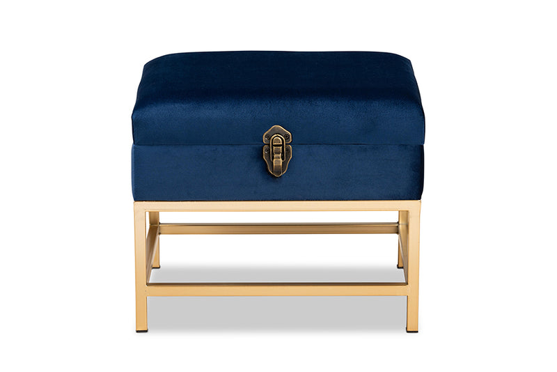Baxton Studio Aliana Glam and Luxe Navy Blue Velvet Fabric Upholstered and Gold Finished Metal Small Storage Ottoman