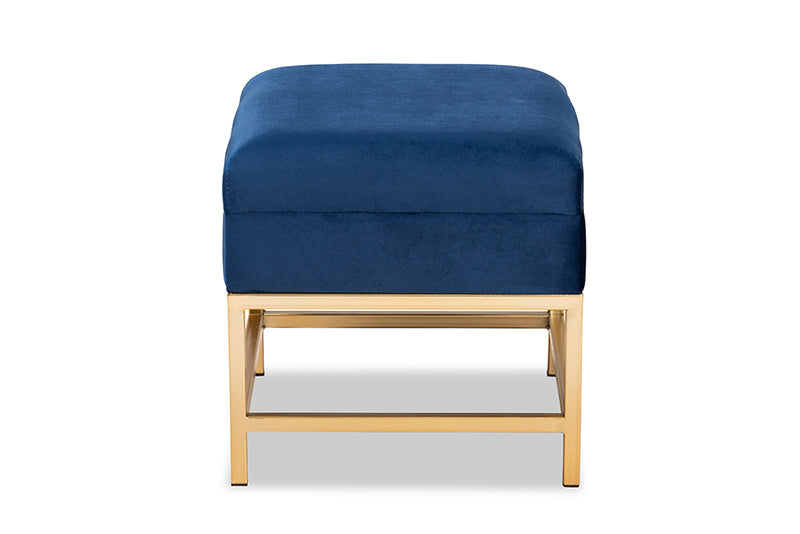 Baxton Studio Aliana Glam and Luxe Navy Blue Velvet Fabric Upholstered and Gold Finished Metal Small Storage Ottoman