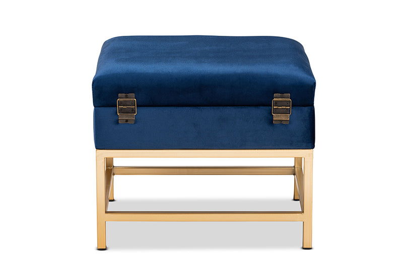 Baxton Studio Aliana Glam and Luxe Navy Blue Velvet Fabric Upholstered and Gold Finished Metal Small Storage Ottoman