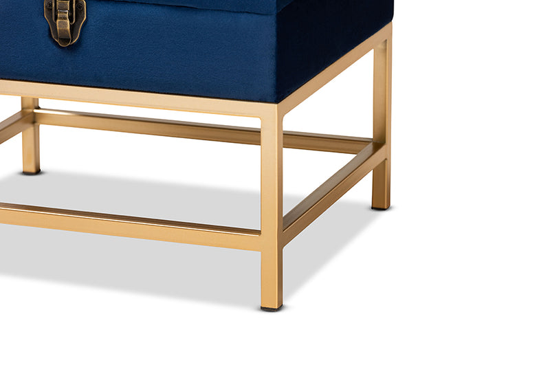 Baxton Studio Aliana Glam and Luxe Navy Blue Velvet Fabric Upholstered and Gold Finished Metal Small Storage Ottoman