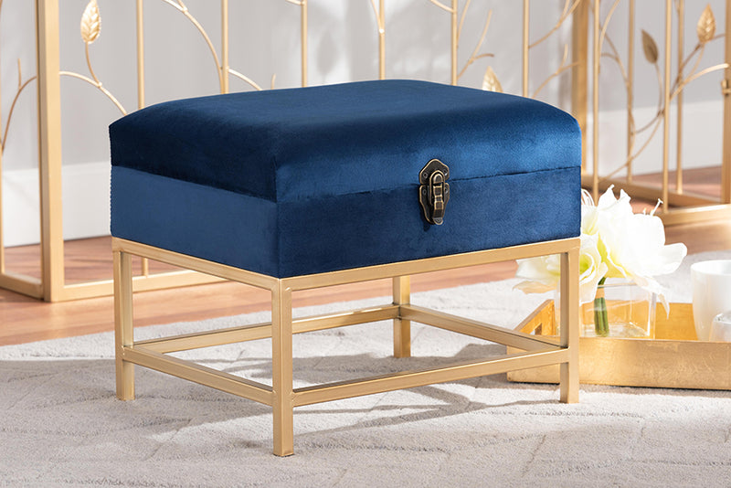 Baxton Studio Aliana Glam and Luxe Navy Blue Velvet Fabric Upholstered and Gold Finished Metal Small Storage Ottoman