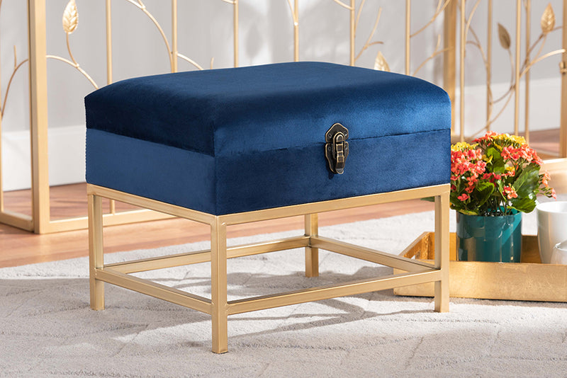 Baxton Studio Aliana Glam and Luxe Navy Blue Velvet Fabric Upholstered and Gold Finished Metal Small Storage Ottoman