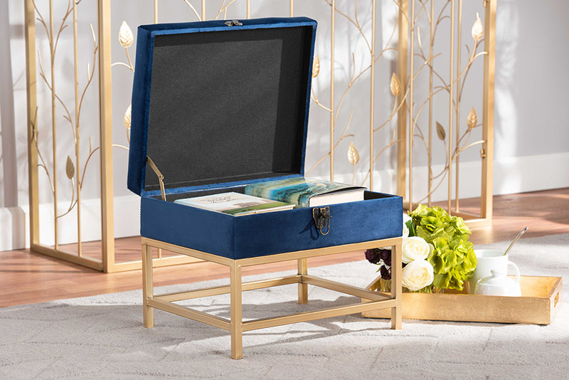 Baxton Studio Aliana Glam and Luxe Navy Blue Velvet Fabric Upholstered and Gold Finished Metal Small Storage Ottoman