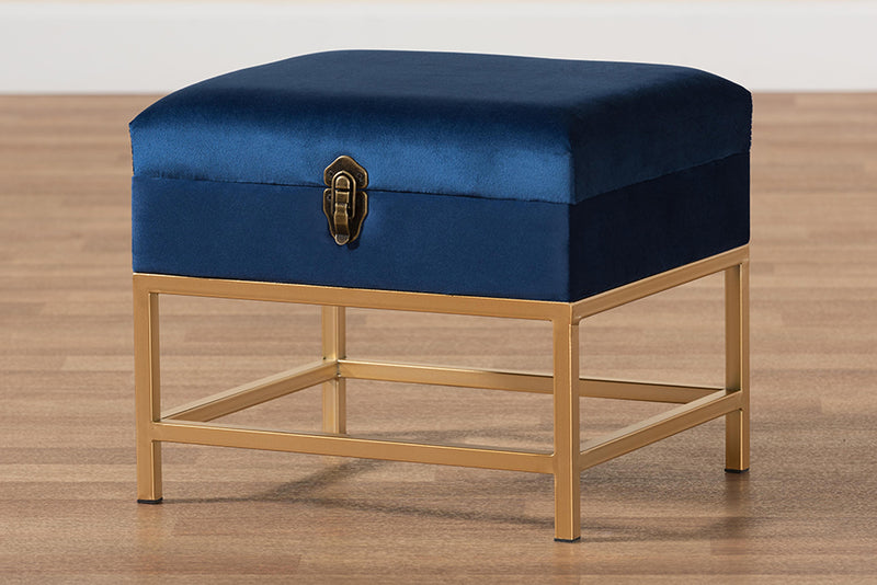 Baxton Studio Aliana Glam and Luxe Navy Blue Velvet Fabric Upholstered and Gold Finished Metal Small Storage Ottoman