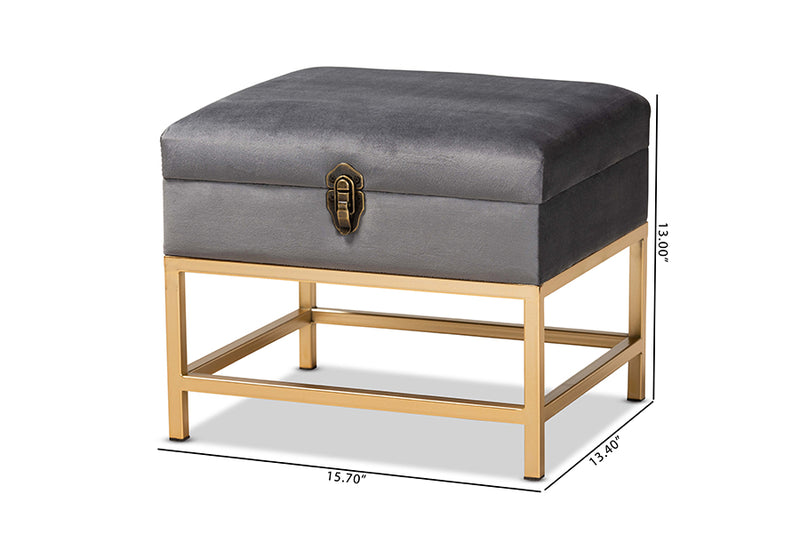 Baxton Studio Aliana Glam and Luxe Grey Velvet Fabric Upholstered and Gold Finished Metal Small Storage Ottoman