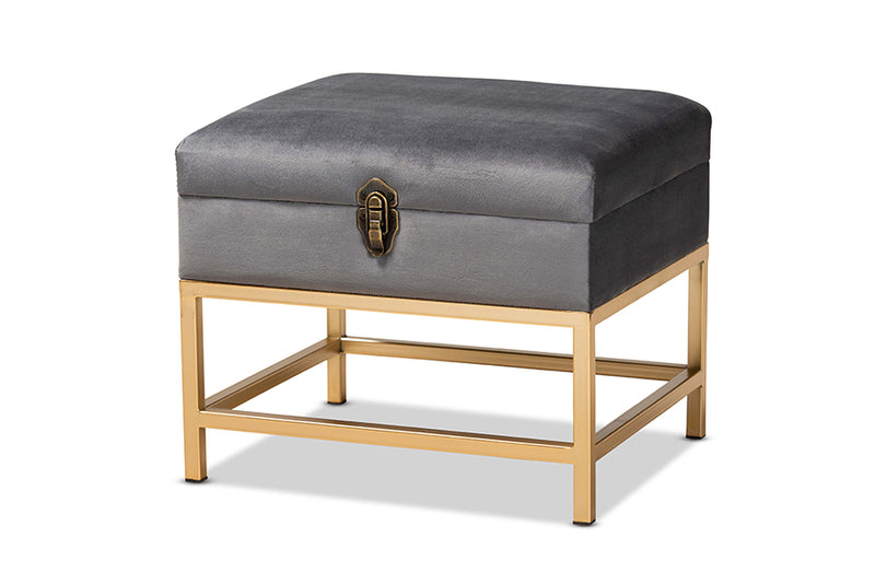 Baxton Studio Aliana Glam and Luxe Grey Velvet Fabric Upholstered and Gold Finished Metal Small Storage Ottoman