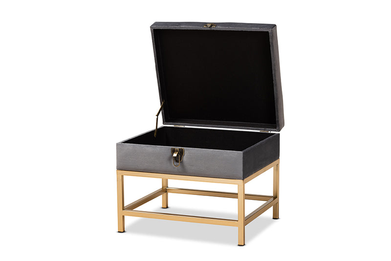 Baxton Studio Aliana Glam and Luxe Grey Velvet Fabric Upholstered and Gold Finished Metal Small Storage Ottoman