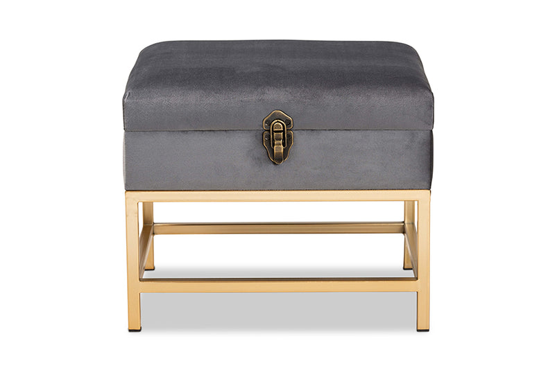 Baxton Studio Aliana Glam and Luxe Grey Velvet Fabric Upholstered and Gold Finished Metal Small Storage Ottoman