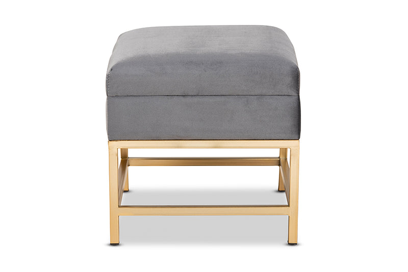 Baxton Studio Aliana Glam and Luxe Grey Velvet Fabric Upholstered and Gold Finished Metal Small Storage Ottoman