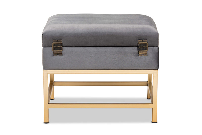 Baxton Studio Aliana Glam and Luxe Grey Velvet Fabric Upholstered and Gold Finished Metal Small Storage Ottoman