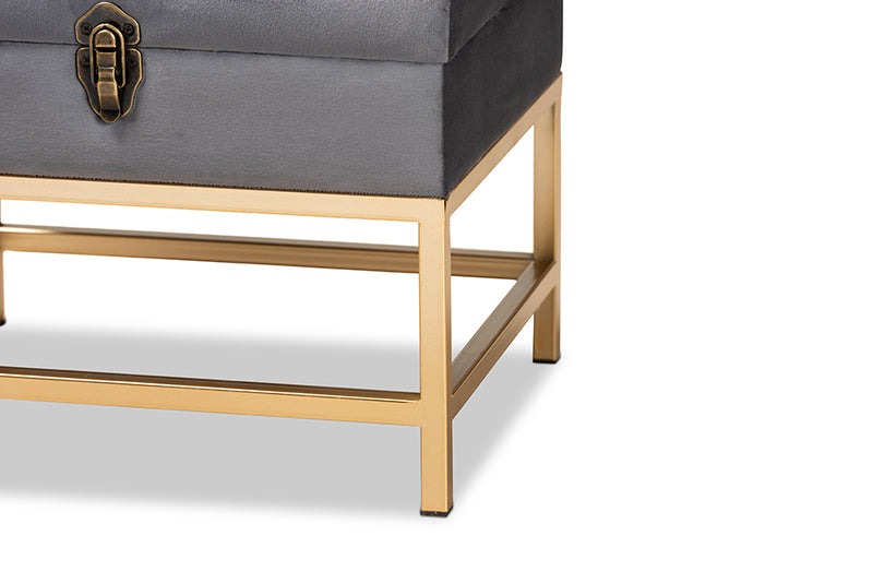 Baxton Studio Aliana Glam and Luxe Grey Velvet Fabric Upholstered and Gold Finished Metal Small Storage Ottoman