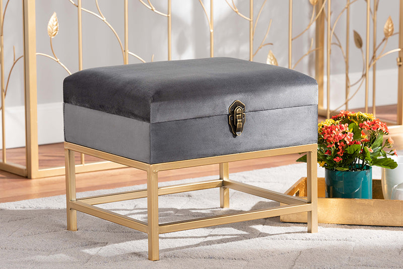Baxton Studio Aliana Glam and Luxe Grey Velvet Fabric Upholstered and Gold Finished Metal Small Storage Ottoman