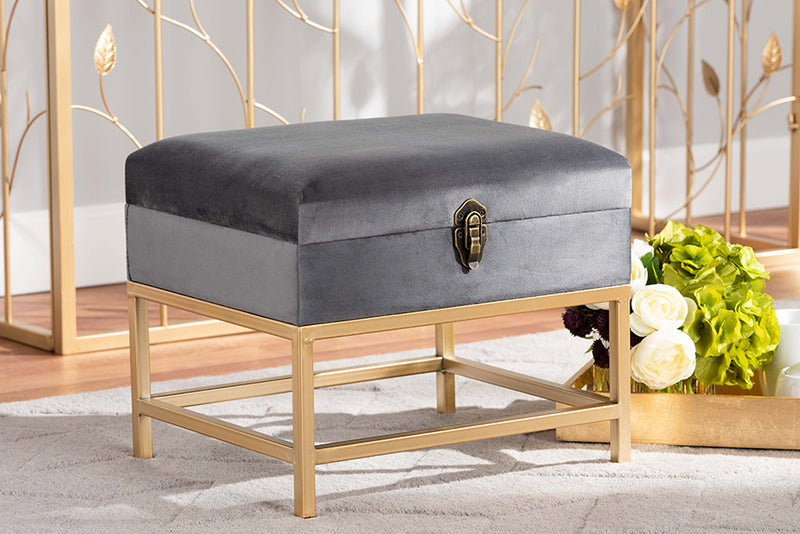 Baxton Studio Aliana Glam and Luxe Grey Velvet Fabric Upholstered and Gold Finished Metal Small Storage Ottoman