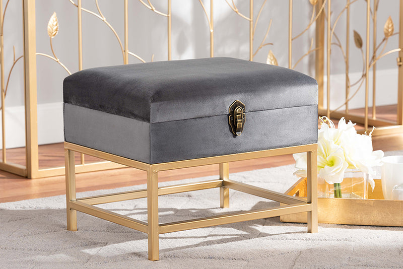 Baxton Studio Aliana Glam and Luxe Grey Velvet Fabric Upholstered and Gold Finished Metal Small Storage Ottoman