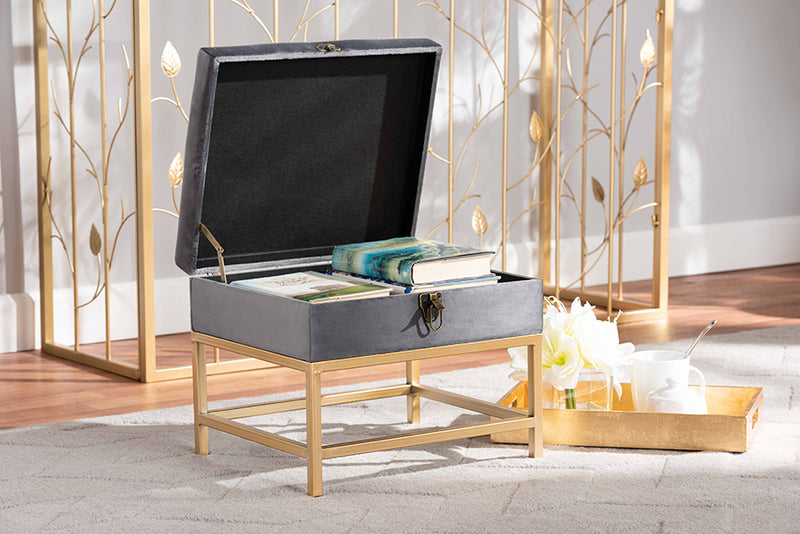 Baxton Studio Aliana Glam and Luxe Grey Velvet Fabric Upholstered and Gold Finished Metal Small Storage Ottoman