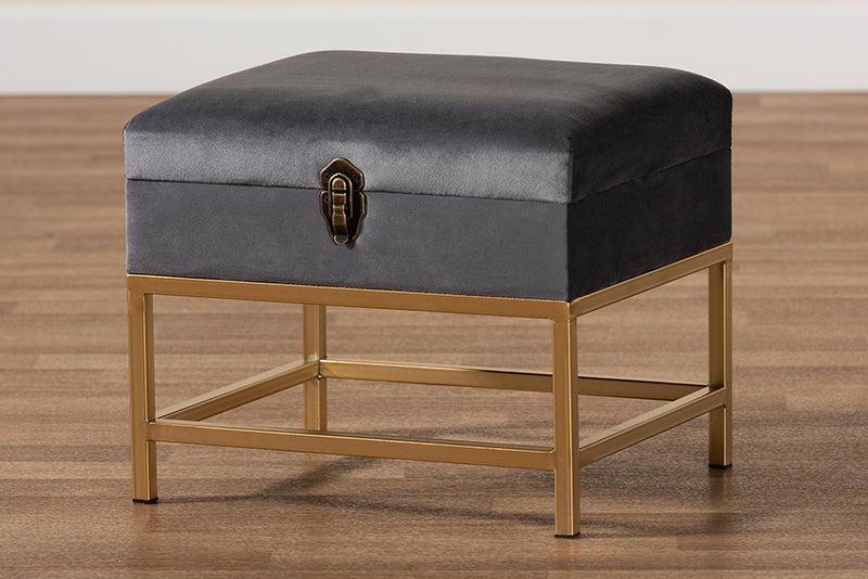 Baxton Studio Aliana Glam and Luxe Grey Velvet Fabric Upholstered and Gold Finished Metal Small Storage Ottoman