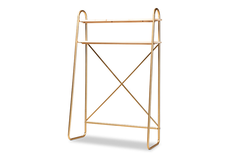 Baxton Studio Merida Glam and Luxe Brushed Gold Finished Metal and Natural Brown Finished Wood 2-Tier Over Bed Twin Size Storage Display Shelf