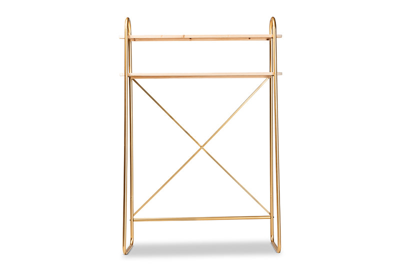 Baxton Studio Merida Glam and Luxe Brushed Gold Finished Metal and Natural Brown Finished Wood 2-Tier Over Bed Twin Size Storage Display Shelf