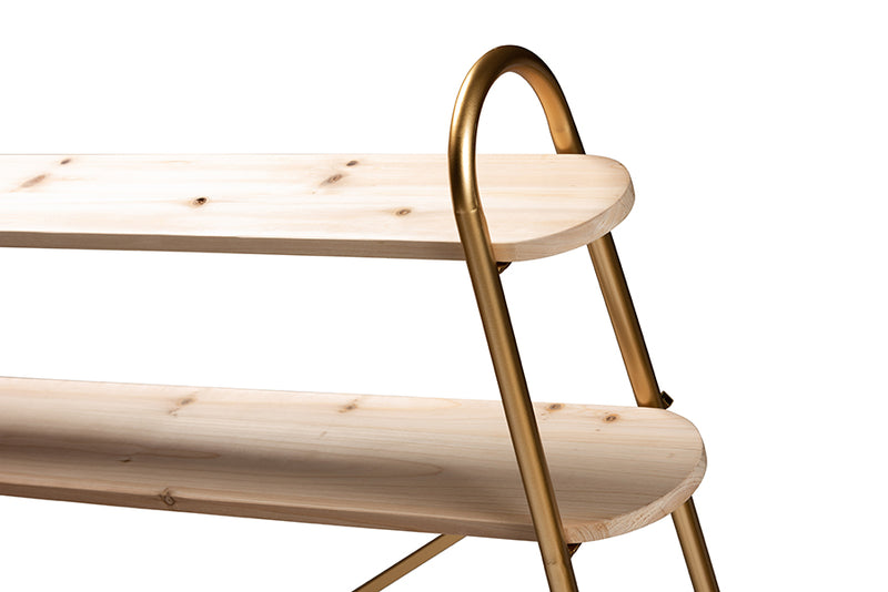 Baxton Studio Merida Glam and Luxe Brushed Gold Finished Metal and Natural Brown Finished Wood 2-Tier Over Bed Twin Size Storage Display Shelf