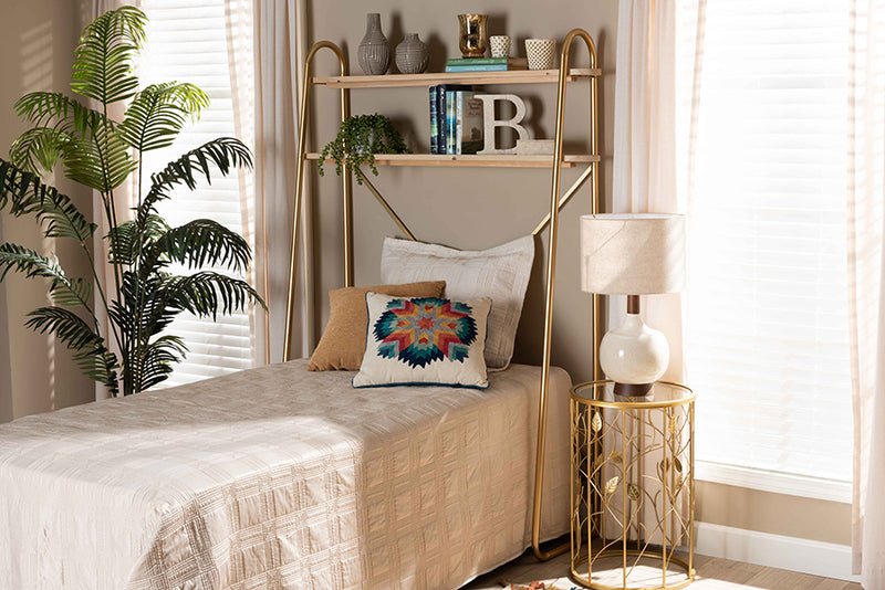 Baxton Studio Merida Glam and Luxe Brushed Gold Finished Metal and Natural Brown Finished Wood 2-Tier Over Bed Twin Size Storage Display Shelf