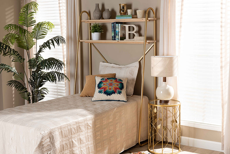 Baxton Studio Merida Glam and Luxe Brushed Gold Finished Metal and Natural Brown Finished Wood 2-Tier Over Bed Twin Size Storage Display Shelf